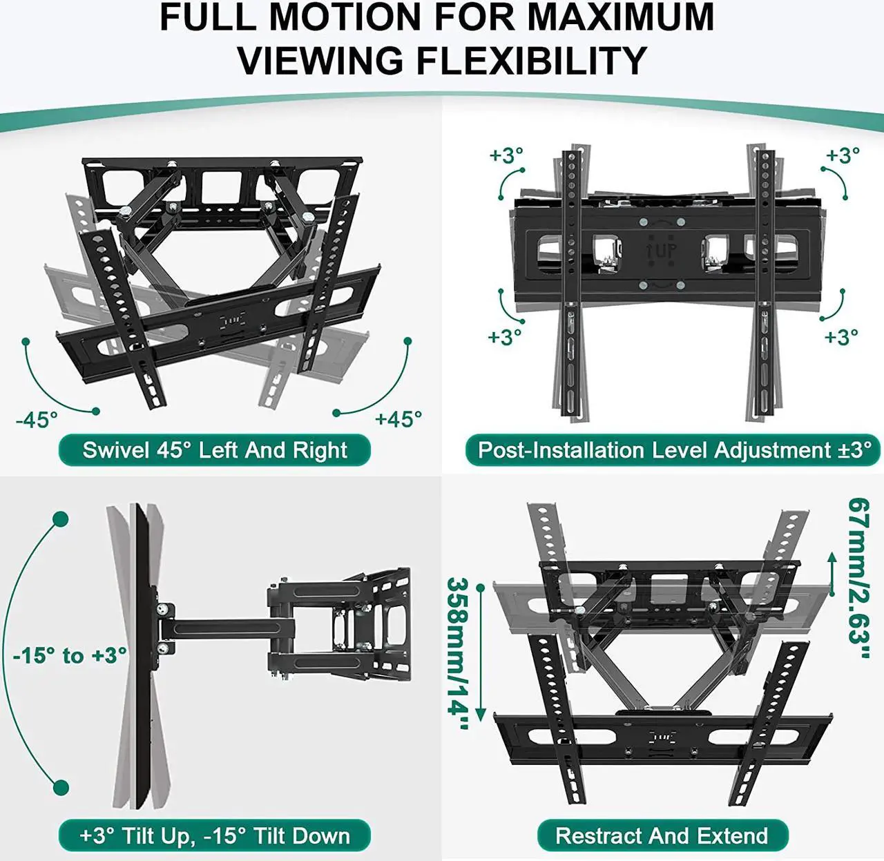 Alt view image 7 of 7 - Full Motion 32-70 inch TV Wall Mount for Most Flat Screen/LED/4K TVs,  TV Mount Bracket Dual Swivel Articulating Tilt 6 Arms, Max VESA 400x400mm, Holds up to 121lbs, Up to 16" Wood Stud