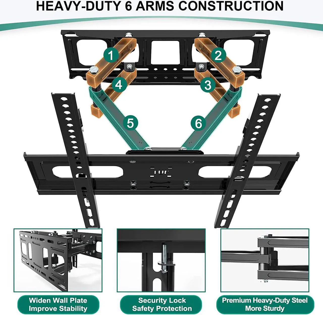 Alt view image 3 of 7 - Full Motion 32-70 inch TV Wall Mount for Most Flat Screen/LED/4K TVs,  TV Mount Bracket Dual Swivel Articulating Tilt 6 Arms, Max VESA 400x400mm, Holds up to 121lbs, Up to 16" Wood Stud
