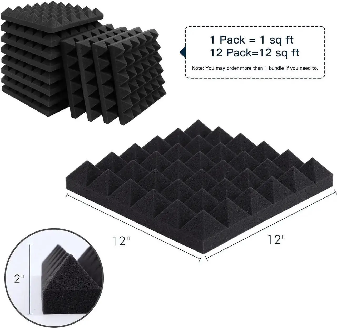 Alt view image 2 of 7 - 24 Pack Acoustic Panels, 12 x 12 x 2 Inches Sound Proof Foam Panels for Walls, Acoustic Foam Panels, Soundproof Wall Panels, Flame Retardant Sound Panels (12X12X2 inches, black-24pack)