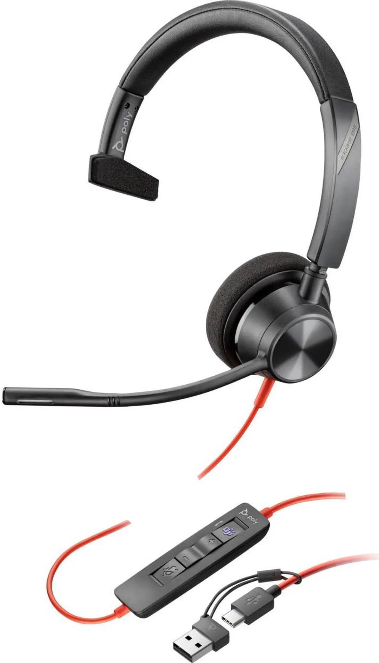 Alt view image 3 of 8 - Poly Blackwire 3310 Monaural Microsoft Teams Certified USB-C Headset +USB-C/A Adapter - Microsoft Teams Certification - Mono - USB Type C, Mini-phone (3.5mm) - Wired - 32 Ohm - On-ear - Monaural - Ear