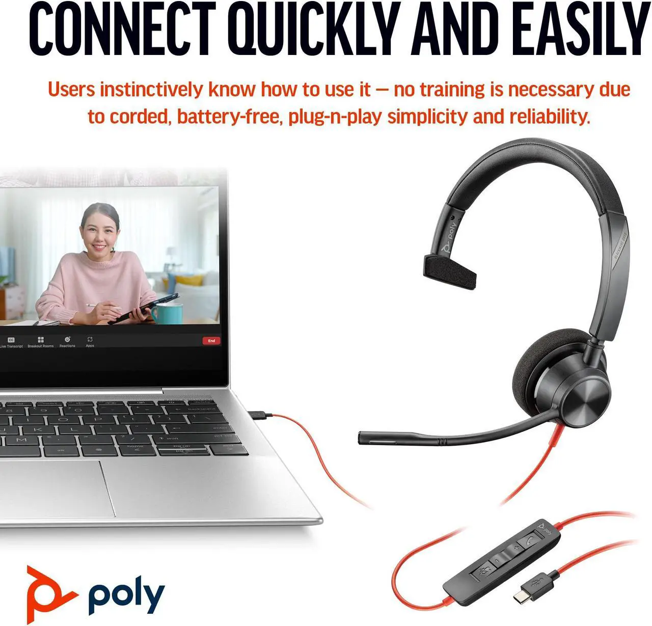 Alt view image 4 of 8 - Poly Blackwire 3310 Monaural Microsoft Teams Certified USB-C Headset +USB-C/A Adapter - Microsoft Teams Certification - Mono - USB Type C, Mini-phone (3.5mm) - Wired - 32 Ohm - On-ear - Monaural - Ear