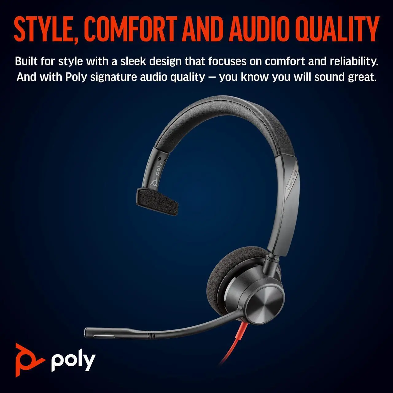 Alt view image 6 of 8 - Poly Blackwire 3310 Monaural Microsoft Teams Certified USB-C Headset +USB-C/A Adapter - Microsoft Teams Certification - Mono - USB Type C, Mini-phone (3.5mm) - Wired - 32 Ohm - On-ear - Monaural - Ear