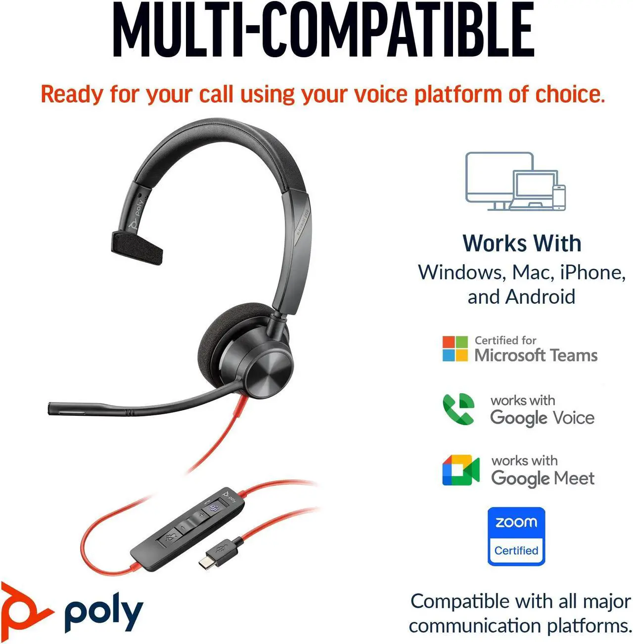 Alt view image 5 of 8 - Poly Blackwire 3310 Monaural Microsoft Teams Certified USB-C Headset +USB-C/A Adapter - Microsoft Teams Certification - Mono - USB Type C, Mini-phone (3.5mm) - Wired - 32 Ohm - On-ear - Monaural - Ear