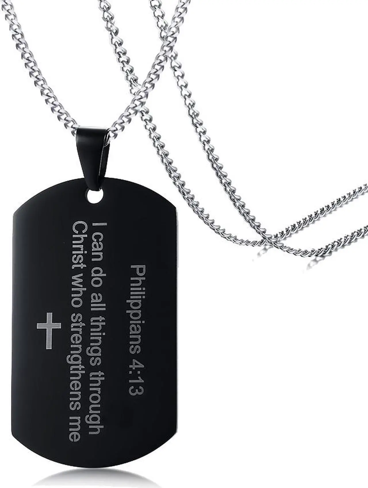 Alt view image 2 of 7 - Christian Religous Jewelry Philippians 4:13 Bible Verse Pendant Inspirational Cross Dog tag Necklace Black Plated Stainless Steel Scripture Quote"I Can Do All Things Through Christ Who Strengthens Me"