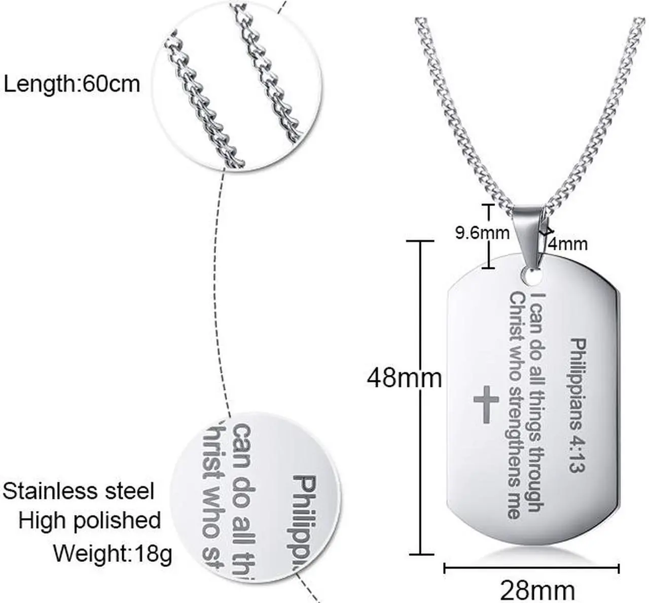 Alt view image 2 of 7 - Stainless Steel Christian Religous Jewelry Philippians 4:13 Bible Verse Pendant Inspirational Cross Dog tag Necklace Scripture Quote"I Can Do All Things Through Christ Who Strengthens Me"