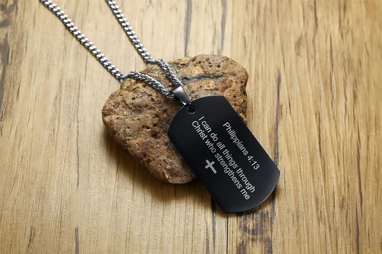 Alt view image 6 of 7 - Christian Religous Jewelry Philippians 4:13 Bible Verse Pendant Inspirational Cross Dog tag Necklace Black Plated Stainless Steel Scripture Quote"I Can Do All Things Through Christ Who Strengthens Me"