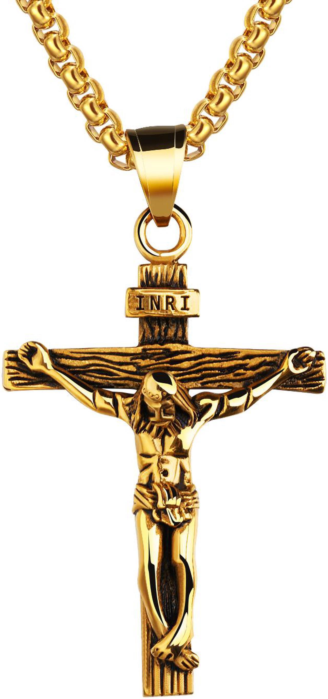 Main image of Vintage Cross Necklace for Men Women Catholic Christ Jesus on INRI Cross Pendant Stainless Steel Crucifix Baptism Christian Jewelry  [Roman Empire Gothic Style]