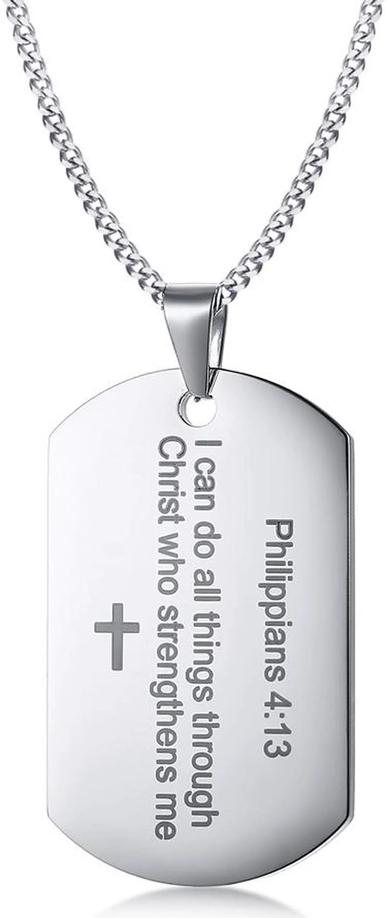 Alt view image 3 of 7 - Stainless Steel Christian Religous Jewelry Philippians 4:13 Bible Verse Pendant Inspirational Cross Dog tag Necklace Scripture Quote"I Can Do All Things Through Christ Who Strengthens Me"