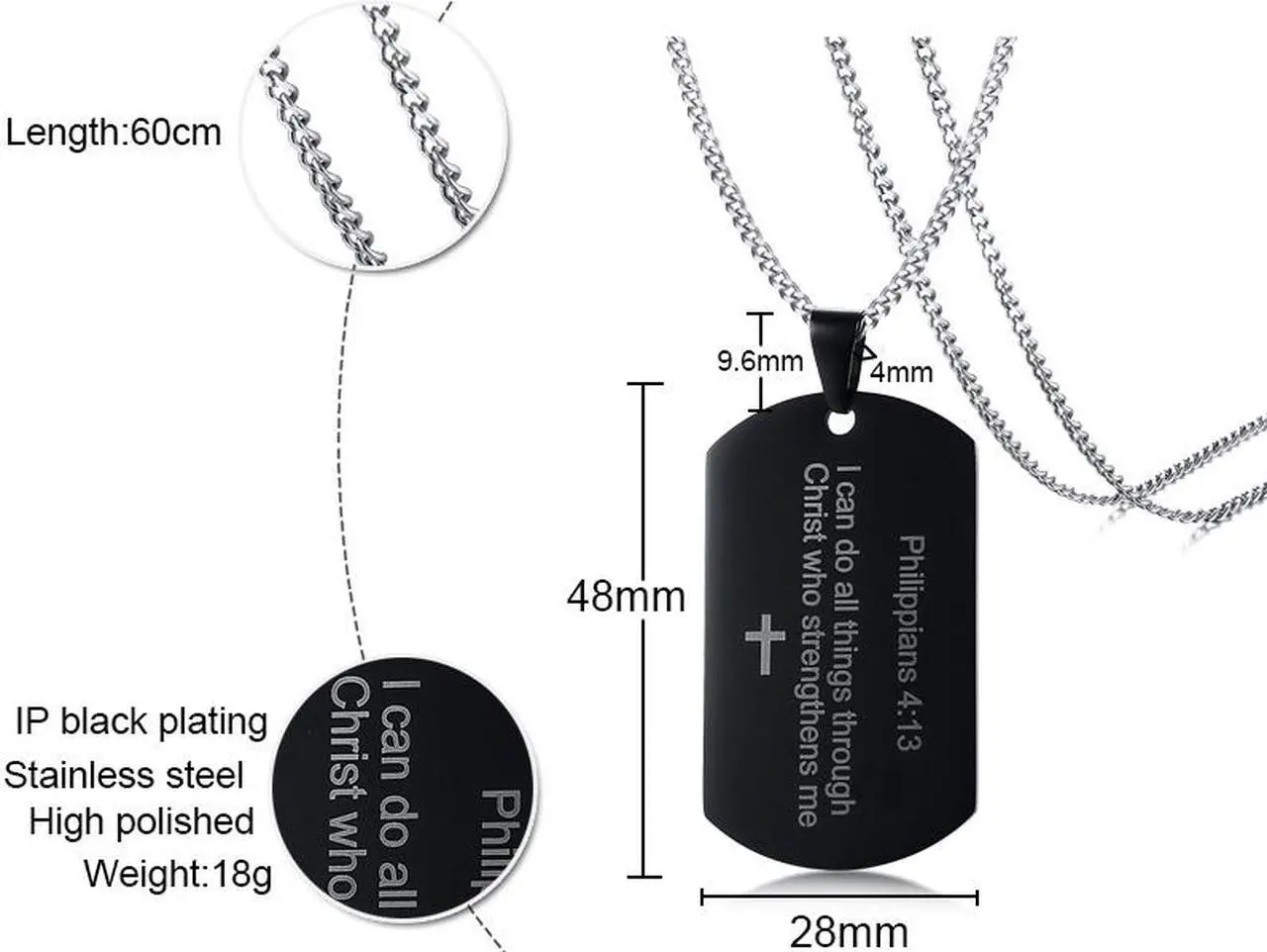 Alt view image 3 of 7 - Christian Religous Jewelry Philippians 4:13 Bible Verse Pendant Inspirational Cross Dog tag Necklace Black Plated Stainless Steel Scripture Quote"I Can Do All Things Through Christ Who Strengthens Me"