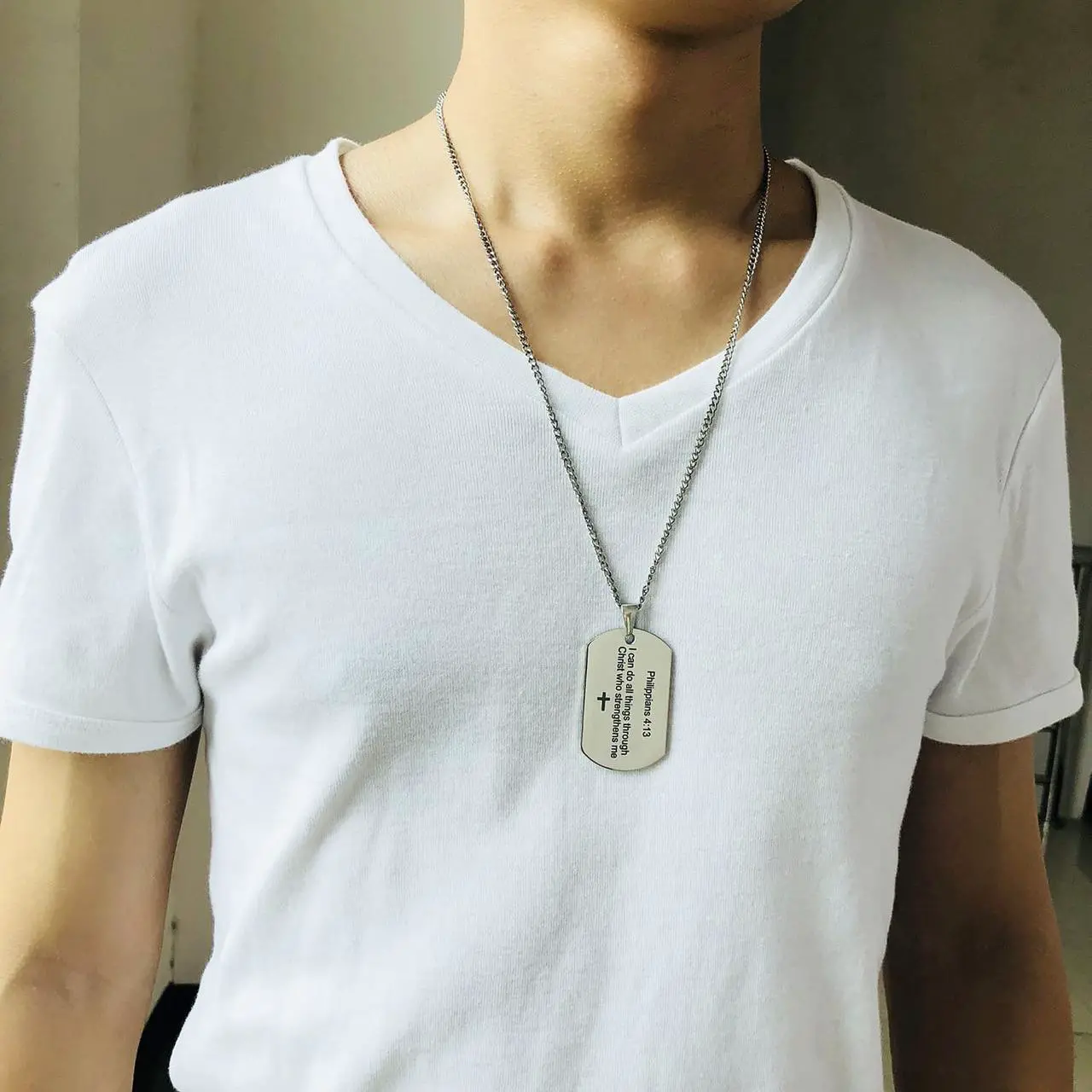 Alt view image 7 of 7 - Stainless Steel Christian Religous Jewelry Philippians 4:13 Bible Verse Pendant Inspirational Cross Dog tag Necklace Scripture Quote"I Can Do All Things Through Christ Who Strengthens Me"