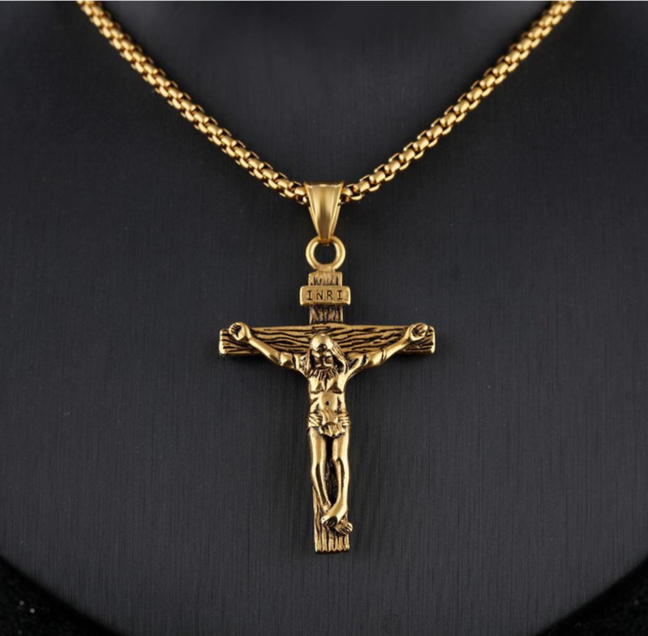 Alt view image 2 of 6 - Vintage Cross Necklace for Men Women Catholic Christ Jesus on INRI Cross Pendant Stainless Steel Crucifix Baptism Christian Jewelry  [Roman Empire Gothic Style]