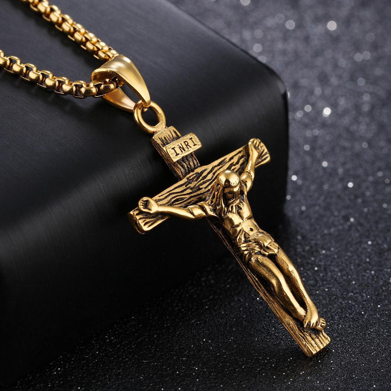 Alt view image 3 of 6 - Vintage Cross Necklace for Men Women Catholic Christ Jesus on INRI Cross Pendant Stainless Steel Crucifix Baptism Christian Jewelry  [Roman Empire Gothic Style]