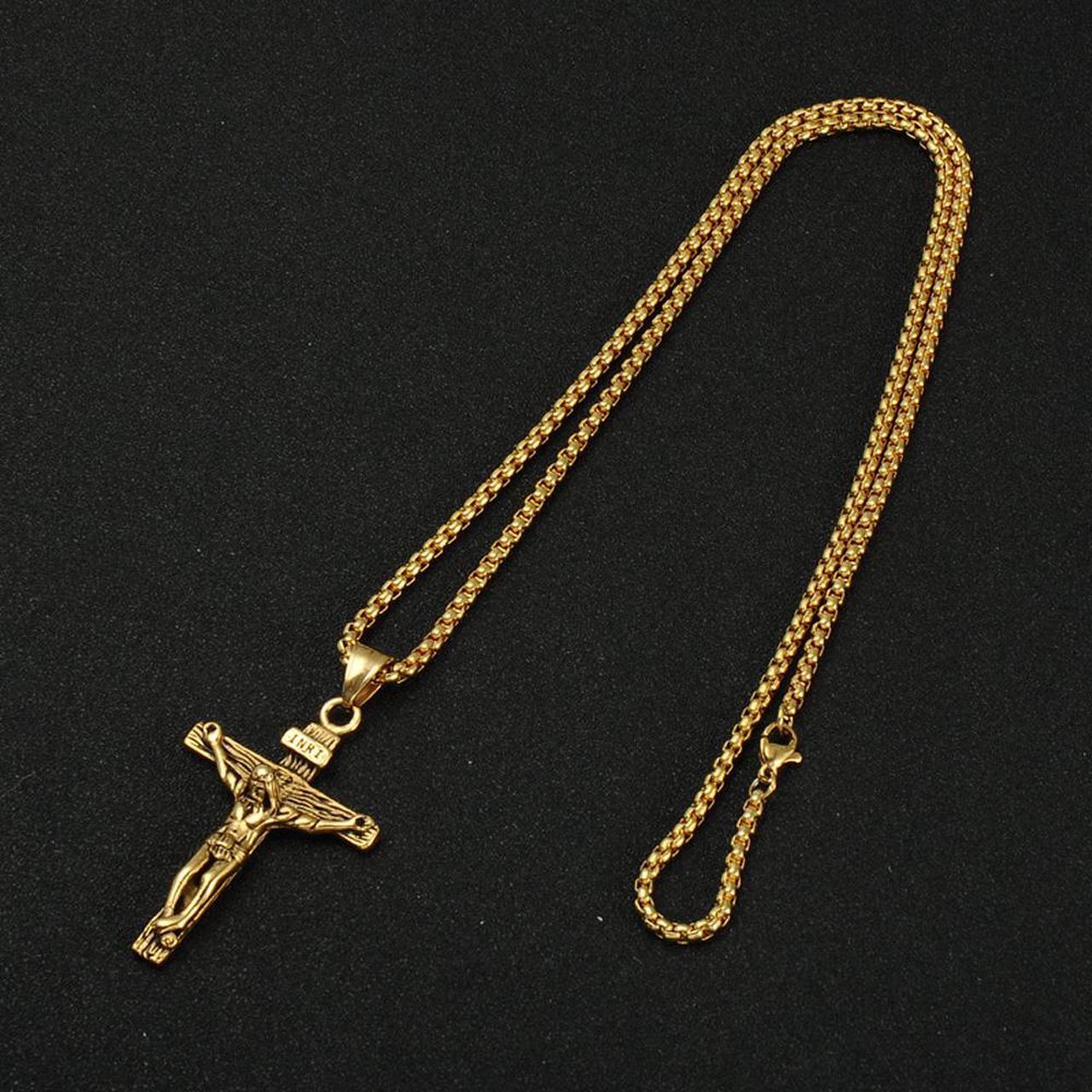 Alt view image 4 of 6 - Vintage Cross Necklace for Men Women Catholic Christ Jesus on INRI Cross Pendant Stainless Steel Crucifix Baptism Christian Jewelry  [Roman Empire Gothic Style]