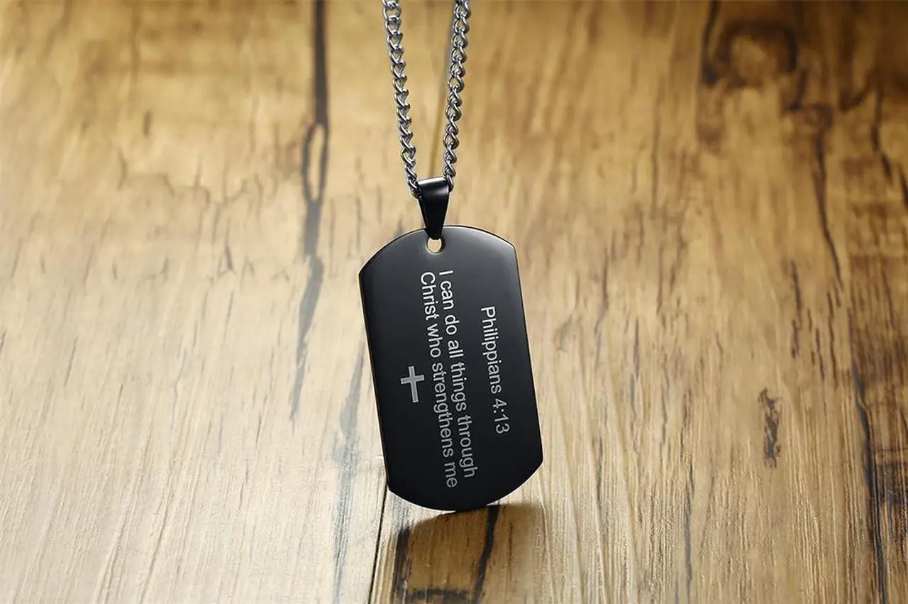 Alt view image 4 of 7 - Christian Religous Jewelry Philippians 4:13 Bible Verse Pendant Inspirational Cross Dog tag Necklace Black Plated Stainless Steel Scripture Quote"I Can Do All Things Through Christ Who Strengthens Me"