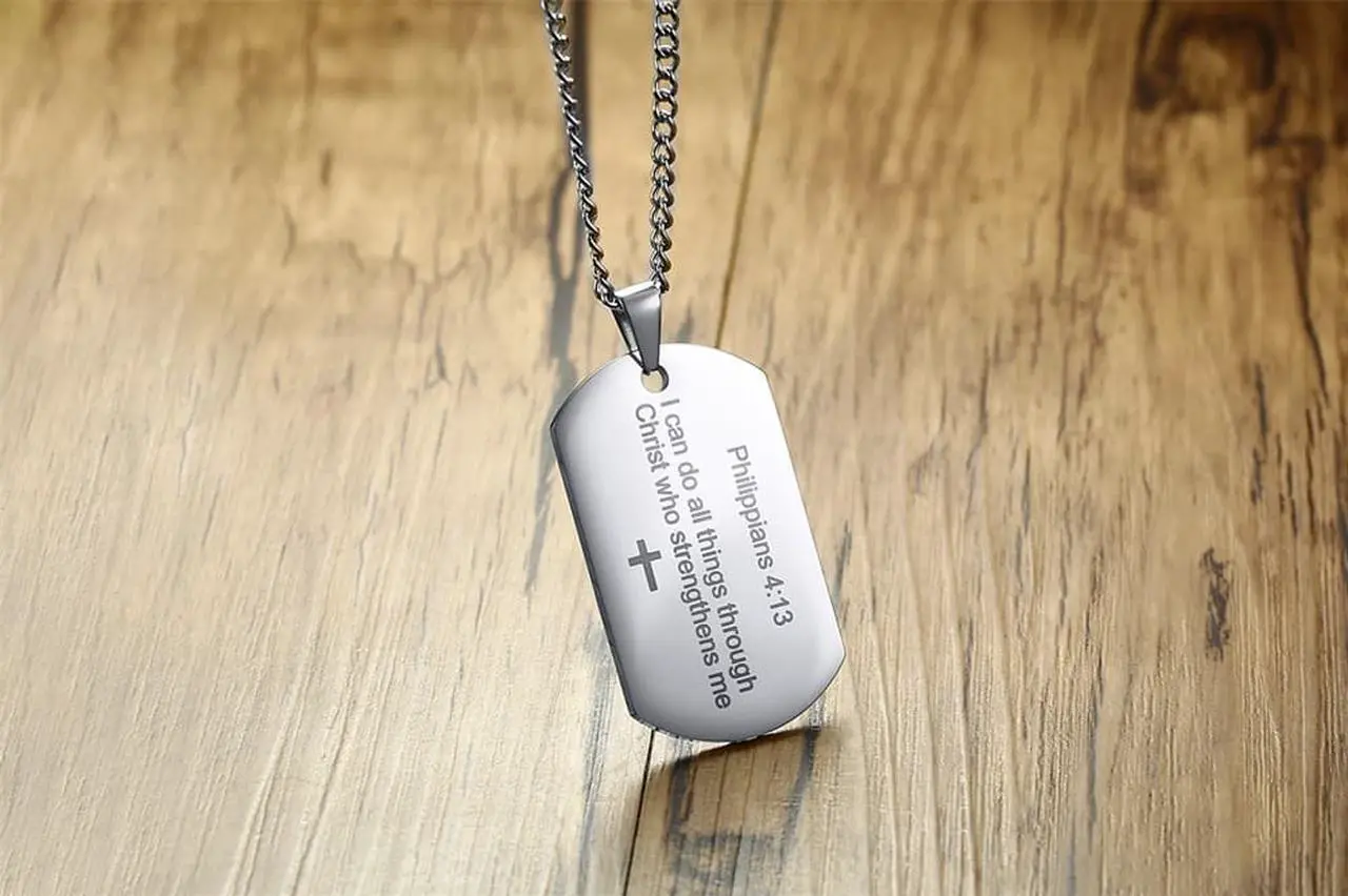 Alt view image 5 of 7 - Stainless Steel Christian Religous Jewelry Philippians 4:13 Bible Verse Pendant Inspirational Cross Dog tag Necklace Scripture Quote"I Can Do All Things Through Christ Who Strengthens Me"