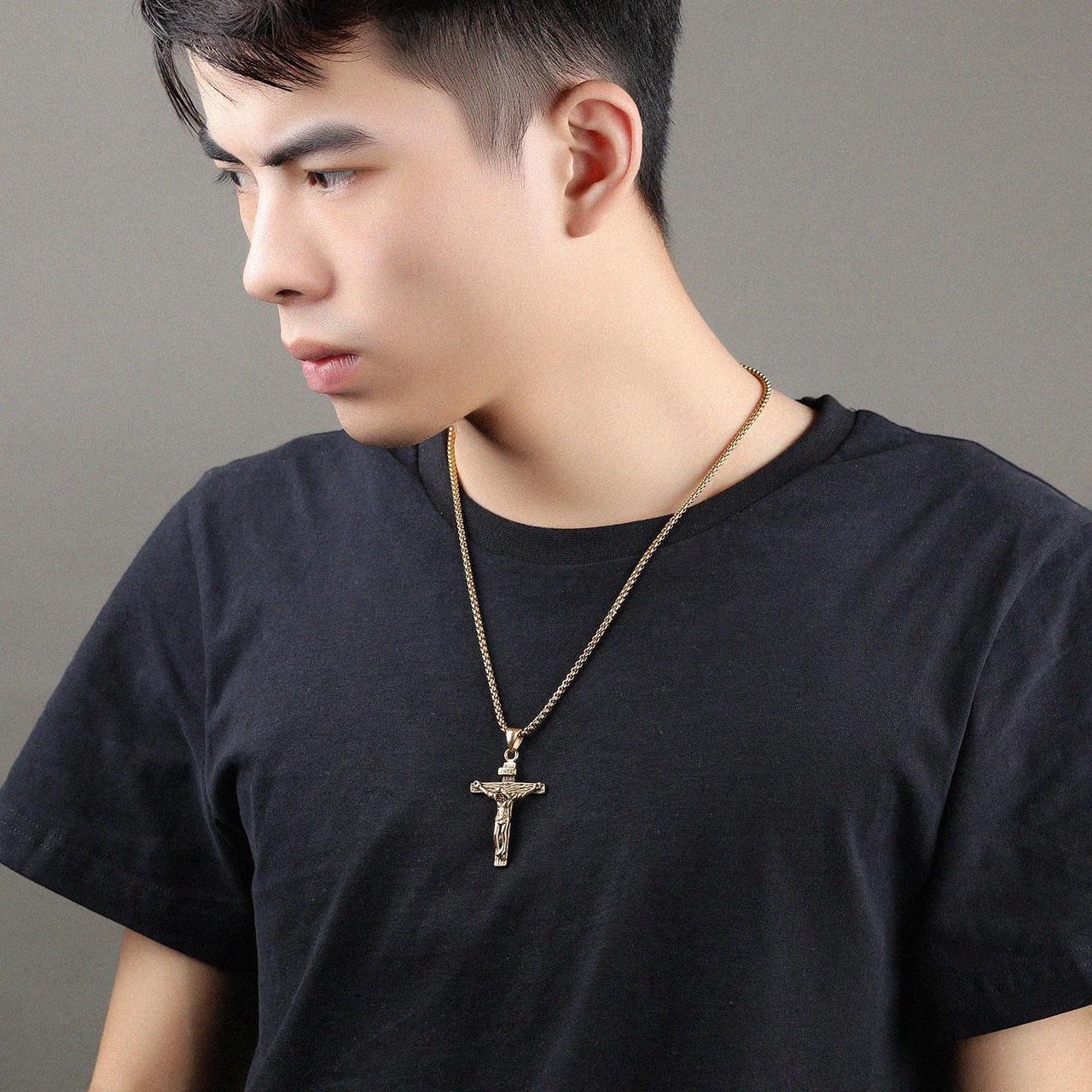Alt view image 6 of 6 - Vintage Cross Necklace for Men Women Catholic Christ Jesus on INRI Cross Pendant Stainless Steel Crucifix Baptism Christian Jewelry  [Roman Empire Gothic Style]