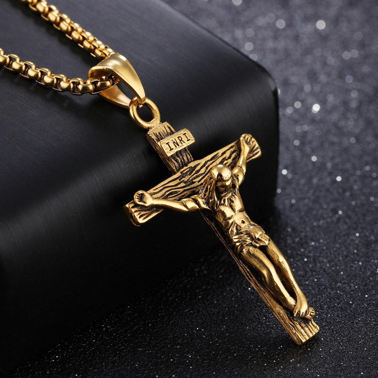 Alt view image 5 of 6 - Vintage Cross Necklace for Men Women Catholic Christ Jesus on INRI Cross Pendant Stainless Steel Crucifix Baptism Christian Jewelry  [Roman Empire Gothic Style]