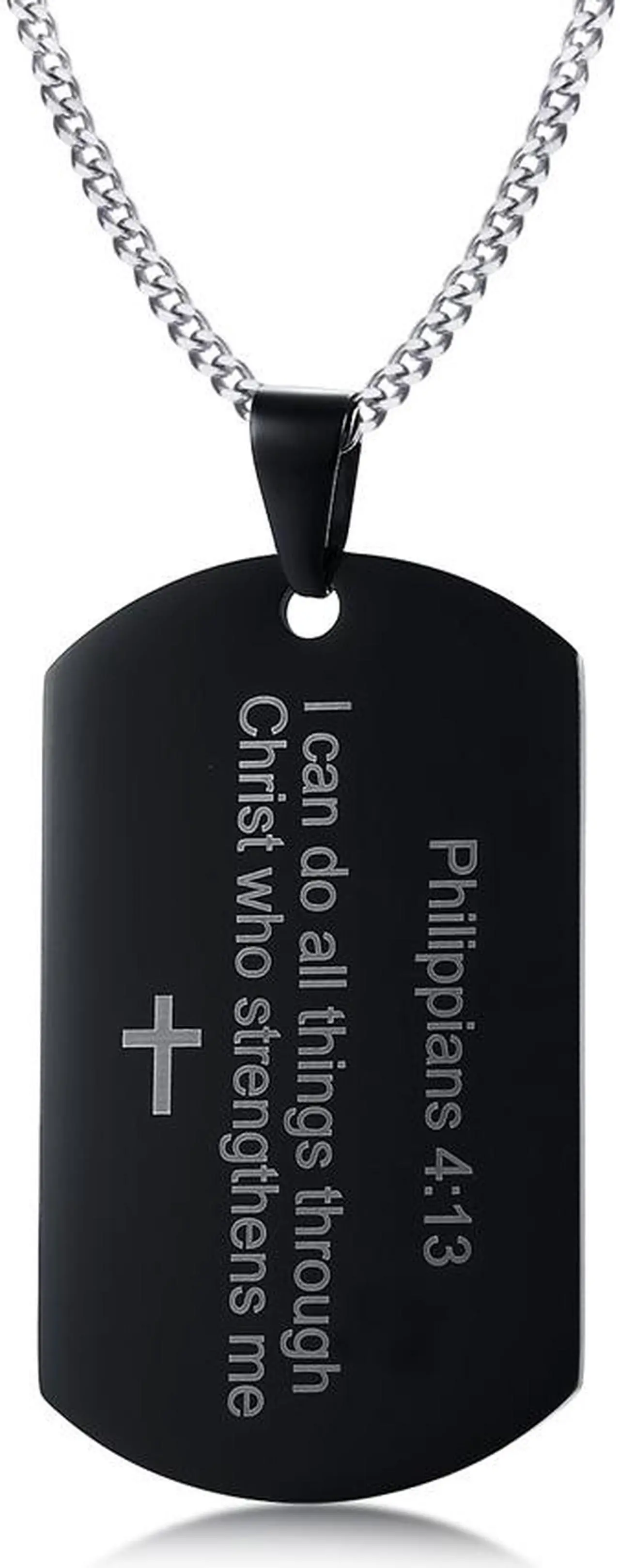 Main image of Christian Religous Jewelry Philippians 4:13 Bible Verse Pendant Inspirational Cross Dog tag Necklace Black Plated Stainless Steel Scripture Quote"I Can Do All Things Through Christ Who Strengthens Me"