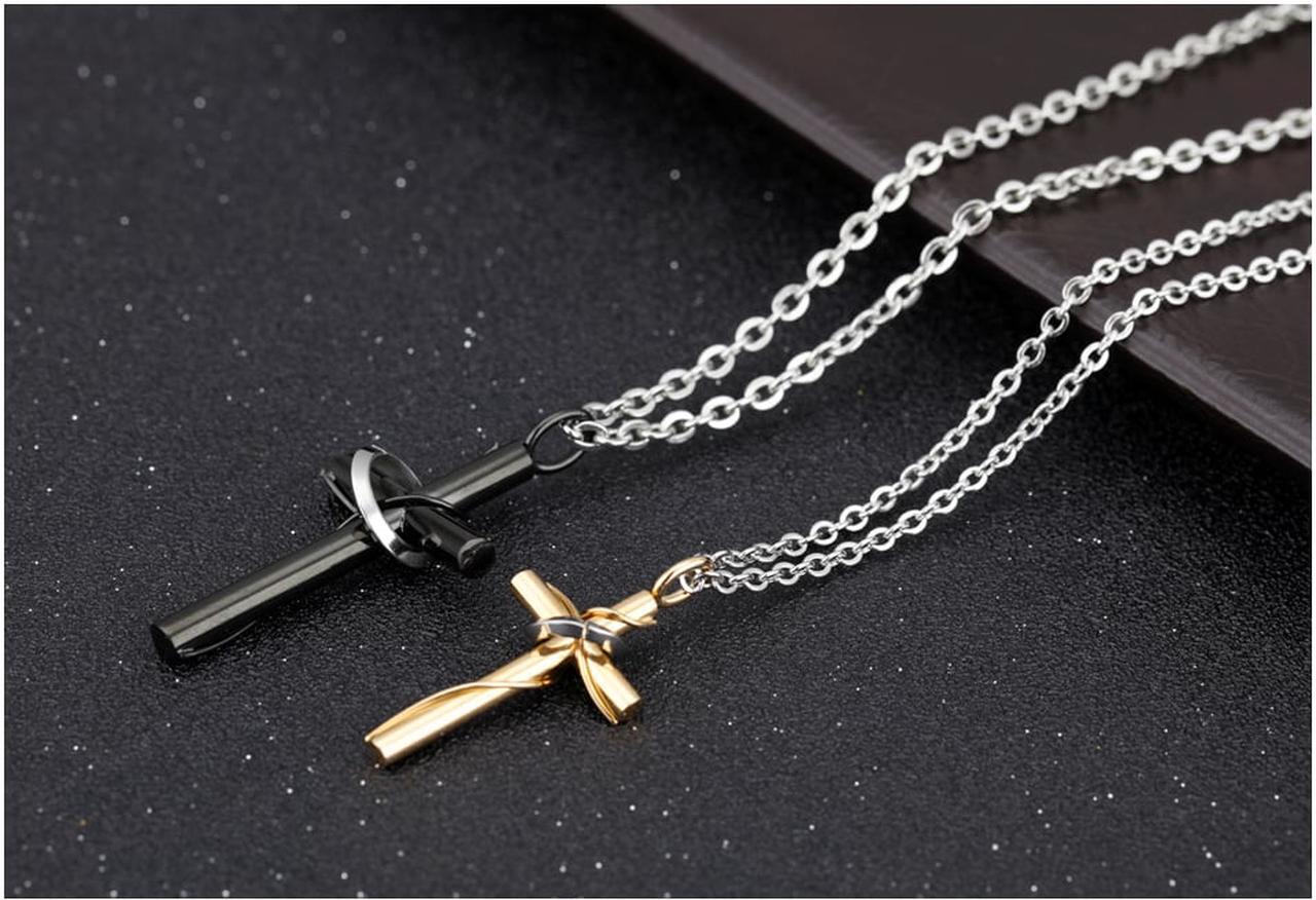 Alt view image 4 of 7 - Black Gold Couples Necklaces His Hers Cross Valentine's Day Gift Catholic Christian Baptism Pendant Church Wedding Jewelry