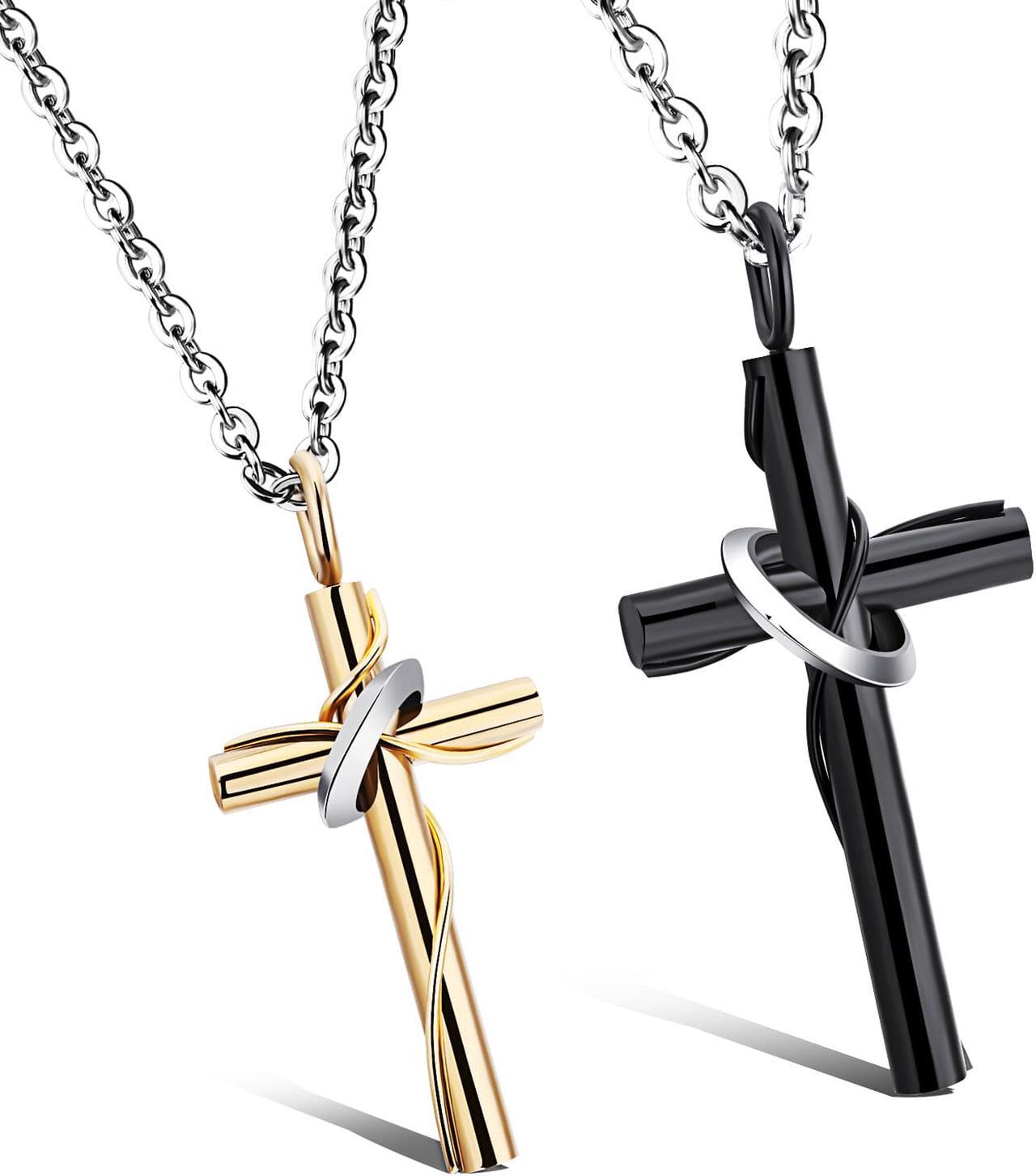Main image of Black Gold Couples Necklaces His Hers Cross Valentine's Day Gift Catholic Christian Baptism Pendant Church Wedding Jewelry