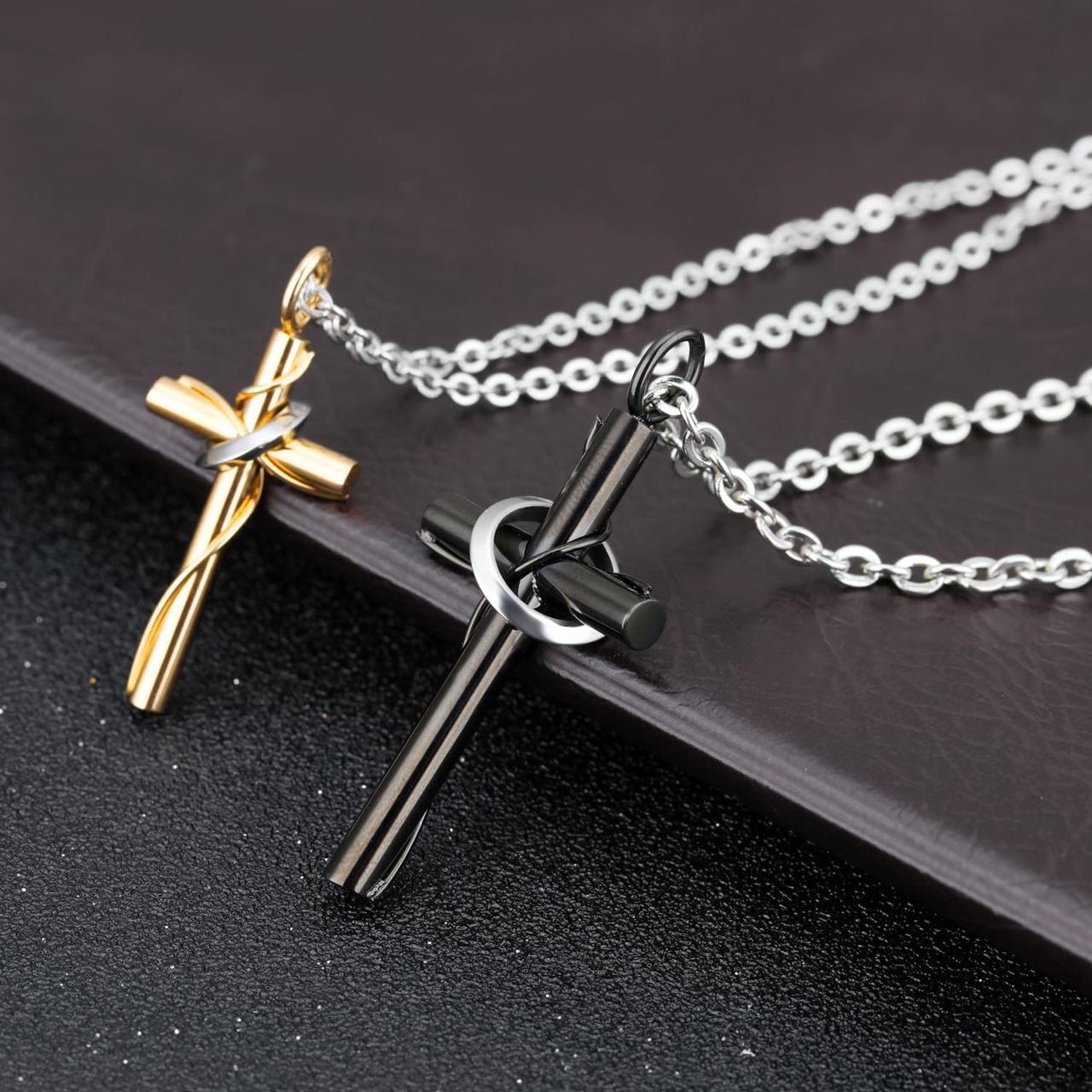 Alt view image 7 of 7 - Black Gold Couples Necklaces His Hers Cross Valentine's Day Gift Catholic Christian Baptism Pendant Church Wedding Jewelry