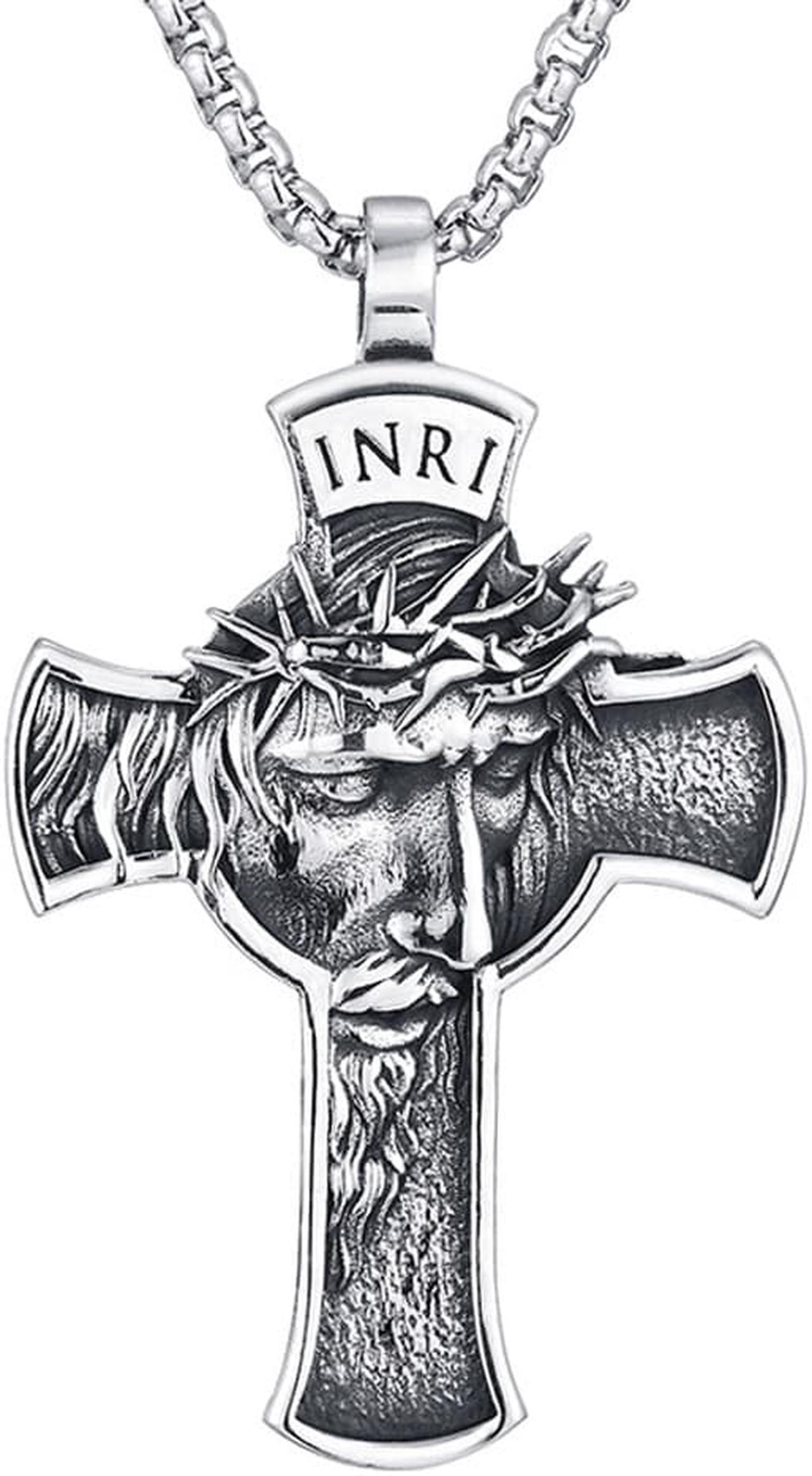 Main image of Christian Jesus Face INRI Cross Necklace Christ Crucifix Pendant Church Baptism Jewelry