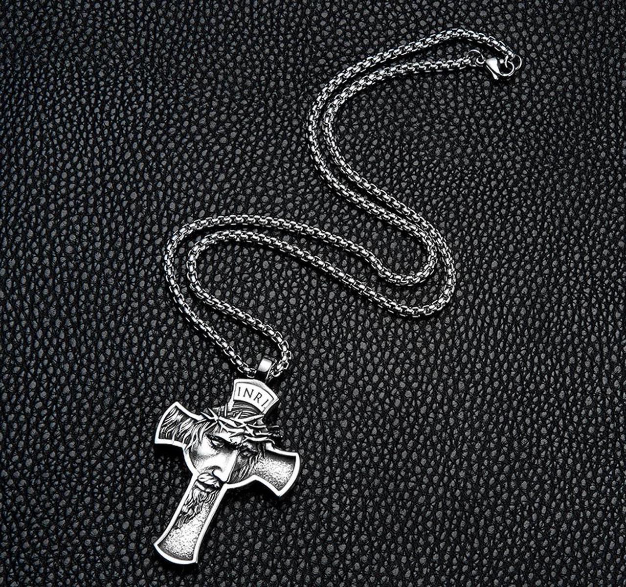 Alt view image 7 of 7 - Christian Jesus Face INRI Cross Necklace Christ Crucifix Pendant Church Baptism Jewelry