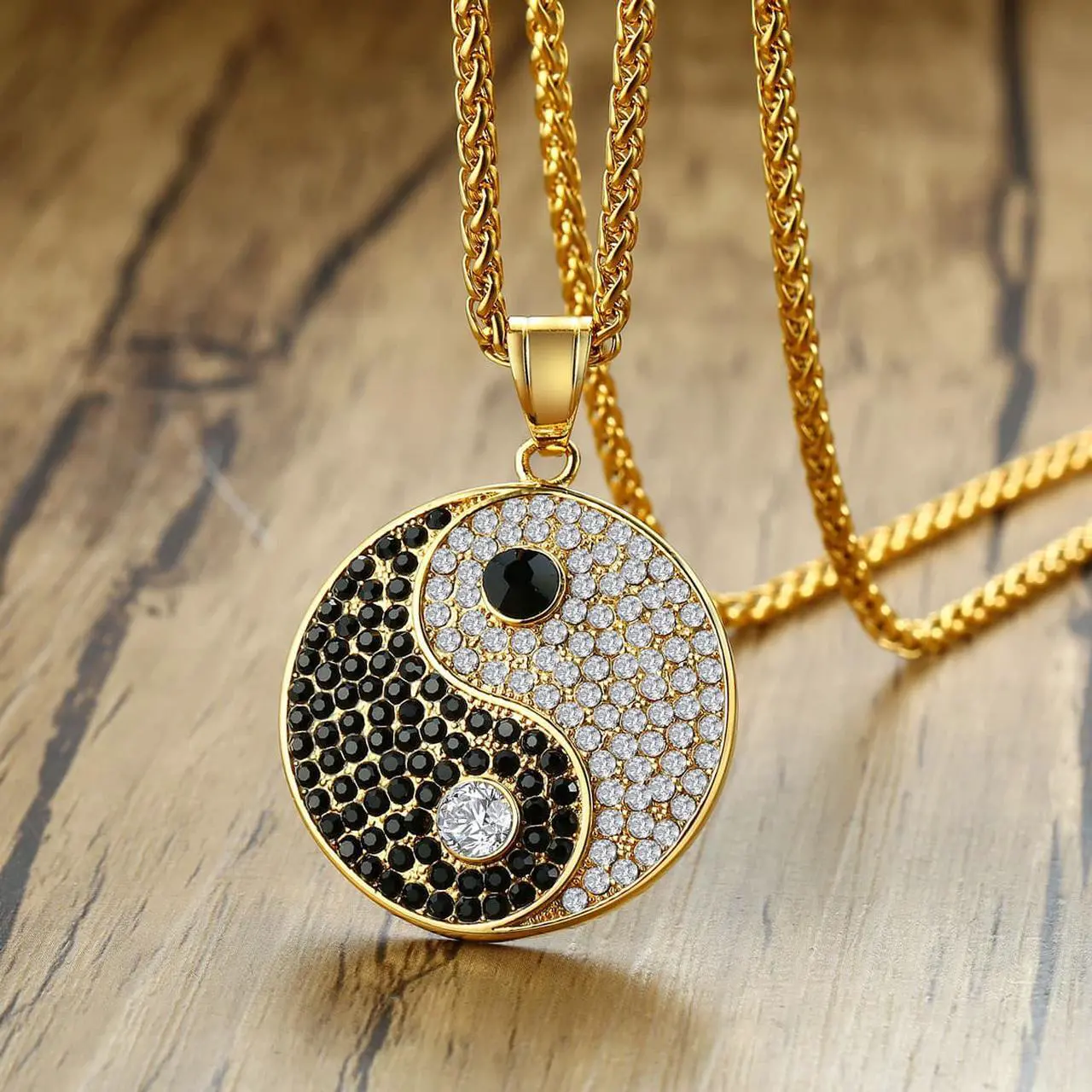 Alt view image 4 of 7 - Gold Plated Stainless Steel Yin Yang Tai Ji Gossip Pendant Necklace Inlaid Rhinestone Jewelry