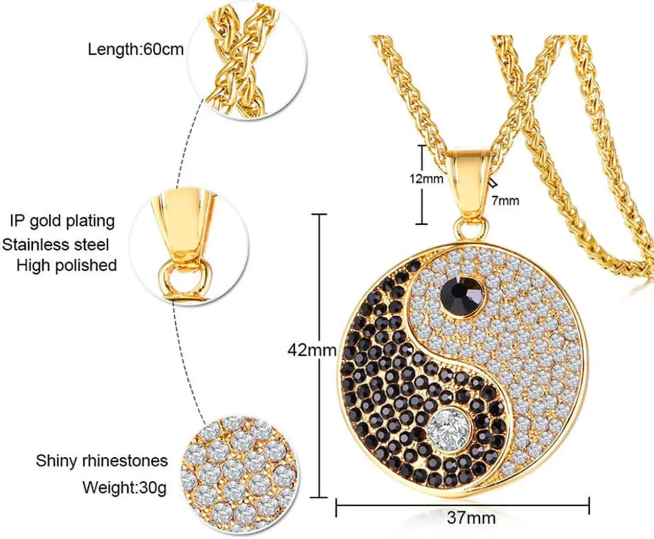 Alt view image 2 of 7 - Gold Plated Stainless Steel Yin Yang Tai Ji Gossip Pendant Necklace Inlaid Rhinestone Jewelry