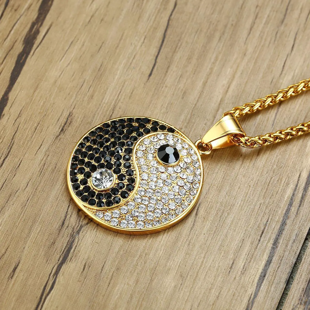 Alt view image 7 of 7 - Gold Plated Stainless Steel Yin Yang Tai Ji Gossip Pendant Necklace Inlaid Rhinestone Jewelry