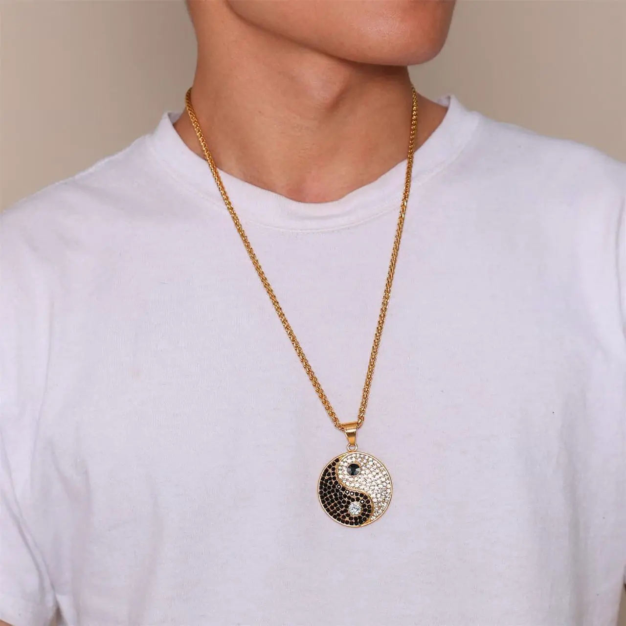 Alt view image 3 of 7 - Gold Plated Stainless Steel Yin Yang Tai Ji Gossip Pendant Necklace Inlaid Rhinestone Jewelry