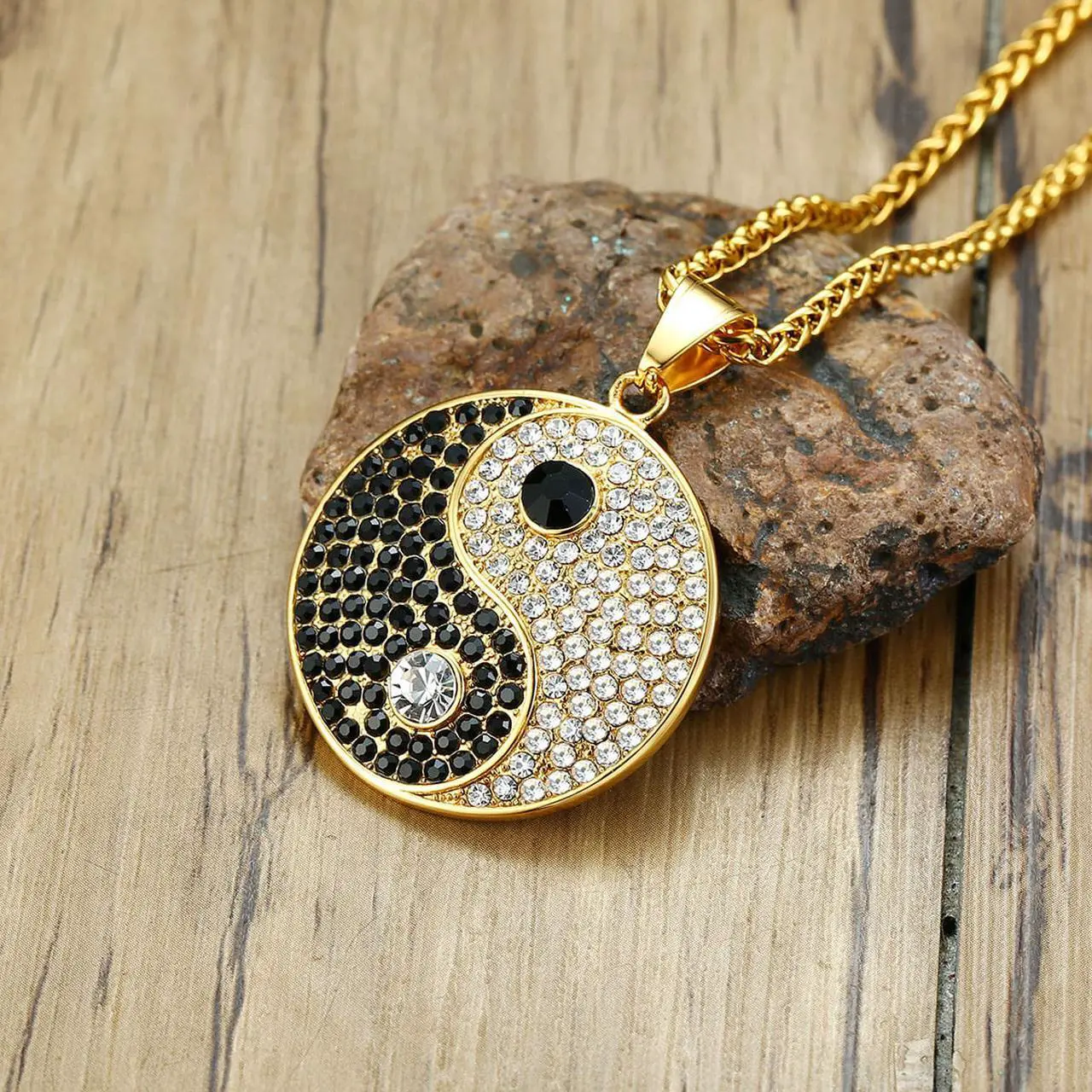 Alt view image 6 of 7 - Gold Plated Stainless Steel Yin Yang Tai Ji Gossip Pendant Necklace Inlaid Rhinestone Jewelry