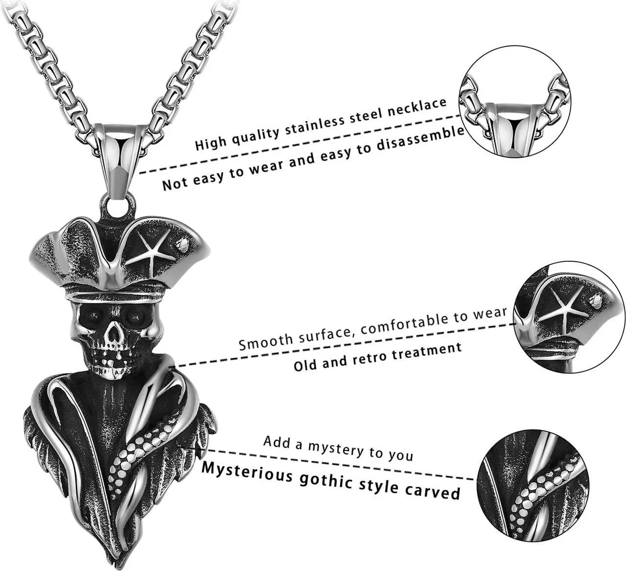 Alt view image 3 of 7 - Men Stainless Steel Pirate Skeleton Necklace