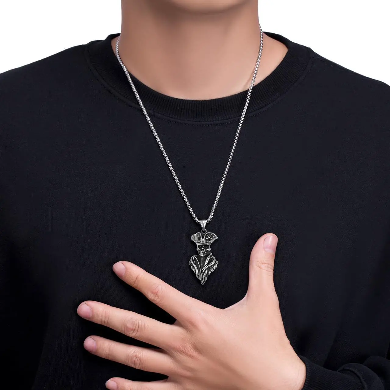 Alt view image 7 of 7 - Men Stainless Steel Pirate Skeleton Necklace