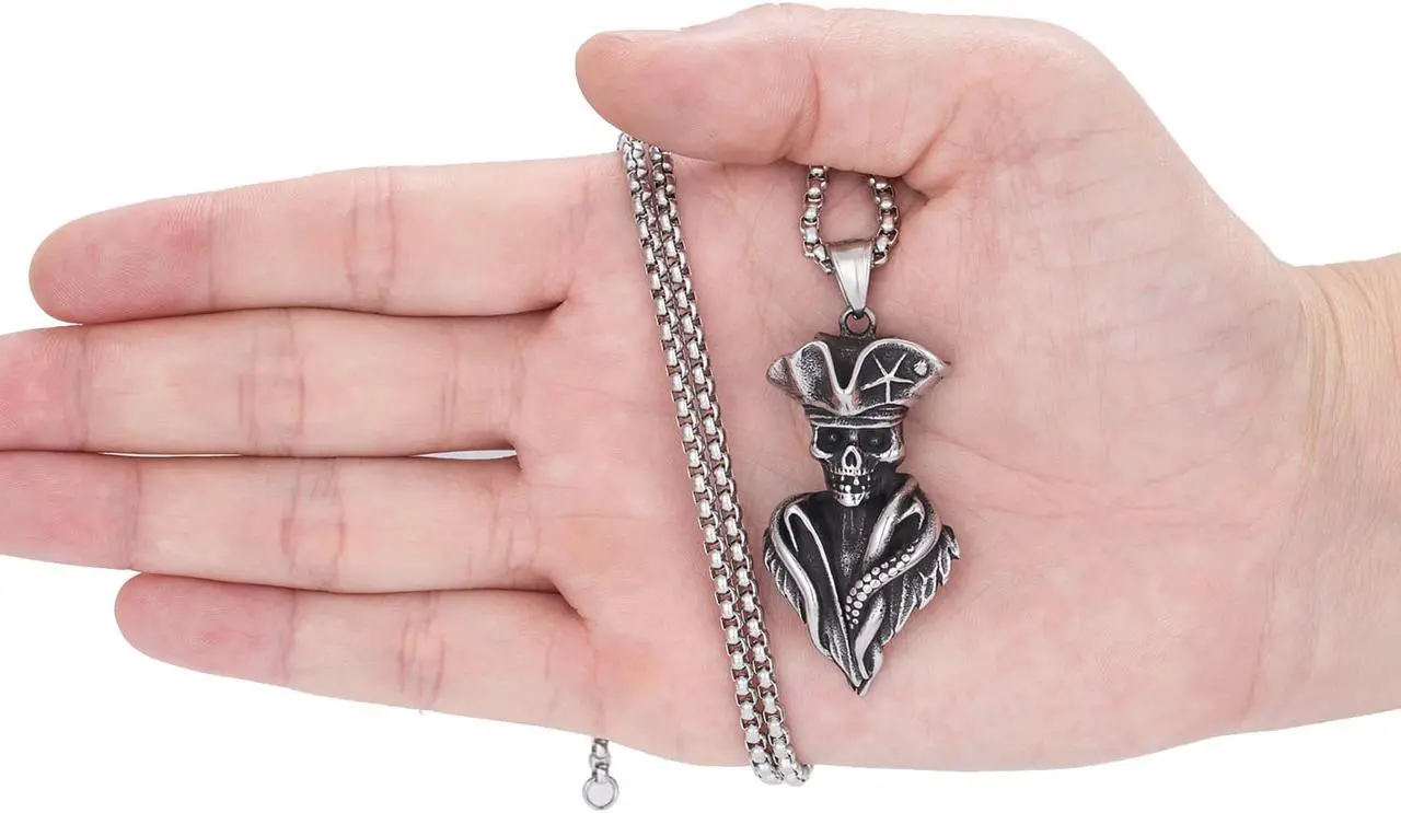 Alt view image 4 of 7 - Men Stainless Steel Pirate Skeleton Necklace
