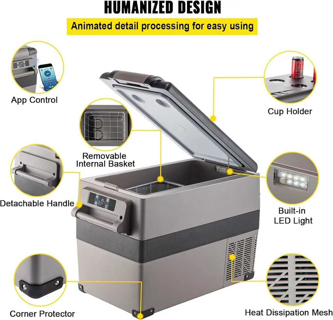 Alt view image 5 of 7 - 12 Volt Refrigerator, 48 Quart (45L) Fast Cooling Portable Freezer with App Control (-4~68), Car Fridge with 12/24v DC & 110-240v AC for Travel, Truck, Camping and Home Use, Grey