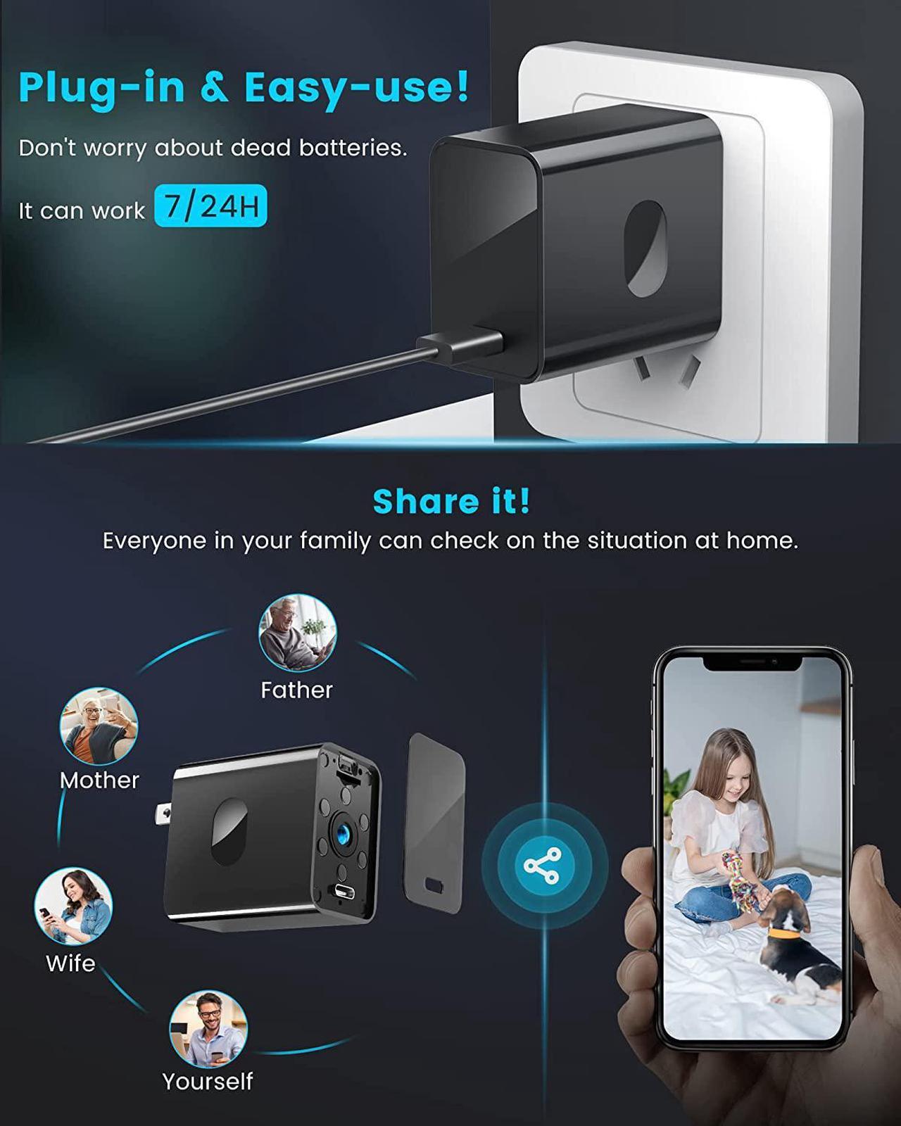 Alt view image 4 of 6 - 4K Full Hidden Camera WiFi | KINGDANS 160° Wide-Angle Spy Camera Charger with TuyaSmart APP | Night Vision Nanny Cam | Spy Cam with 3-in-1 Charging Cable | Exclusive Feature Upgrades & 2.4GHz WiFi