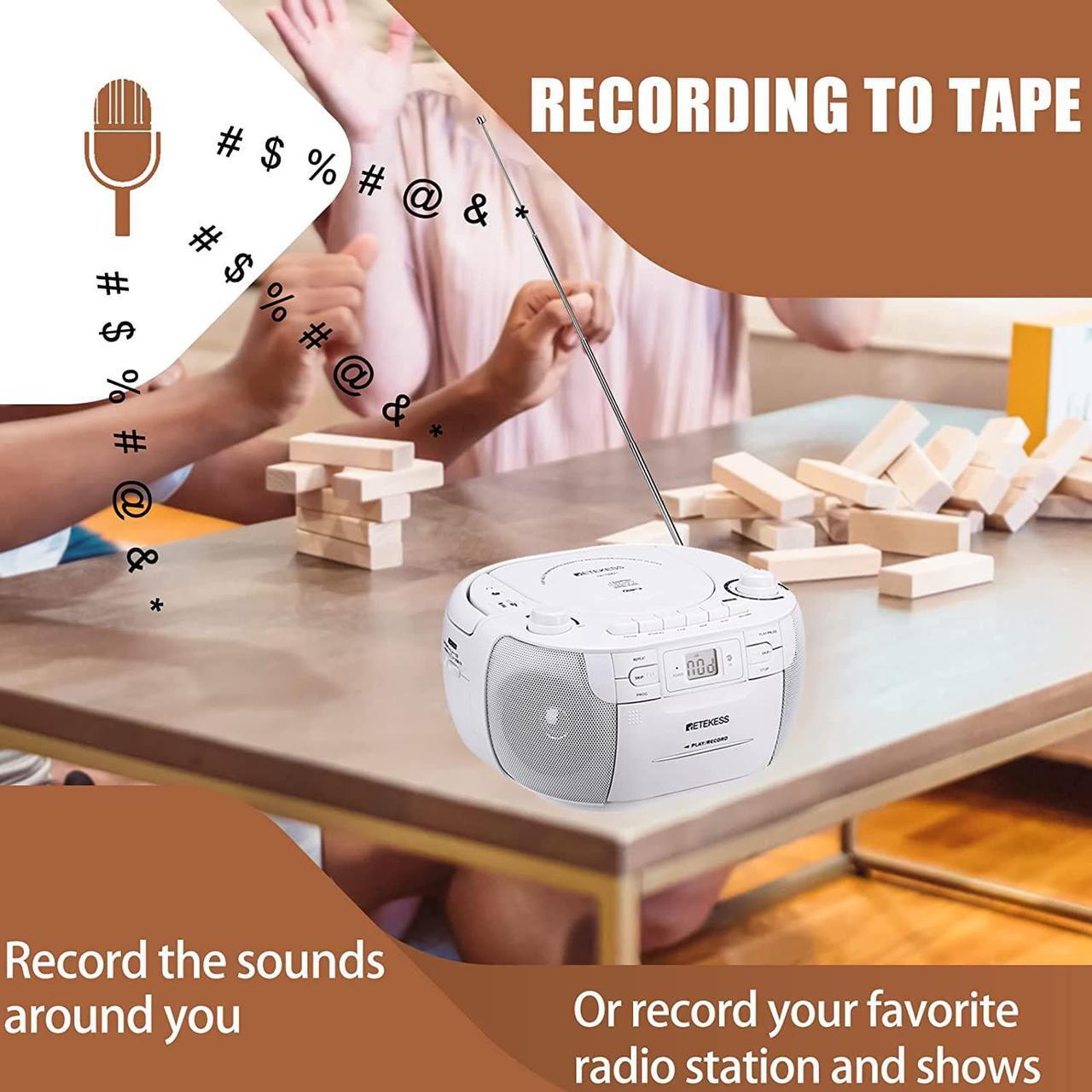 Alt view image 6 of 7 - Retekess TR621 CD and Cassette Player Combo, Portable Boombox AM FM Radio, Tape Recording, Stereo Sound with Remote Control, USB, Micro SD, for Family(White)