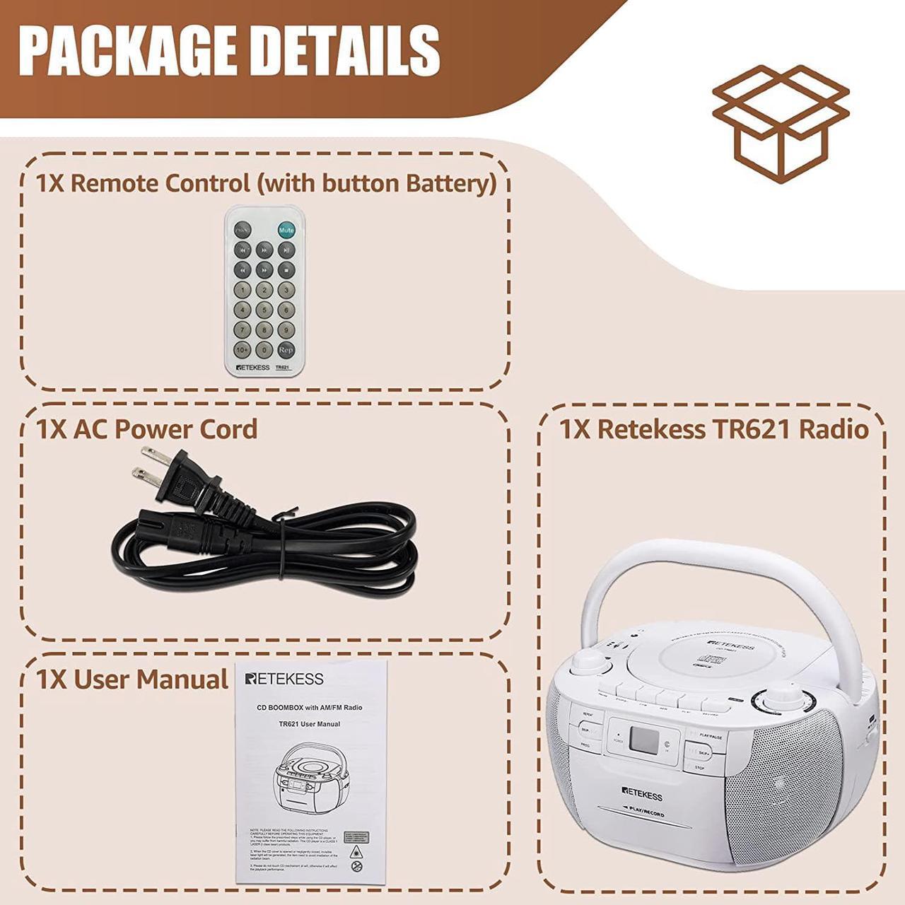Alt view image 7 of 7 - Retekess TR621 CD and Cassette Player Combo, Portable Boombox AM FM Radio, Tape Recording, Stereo Sound with Remote Control, USB, Micro SD, for Family(White)