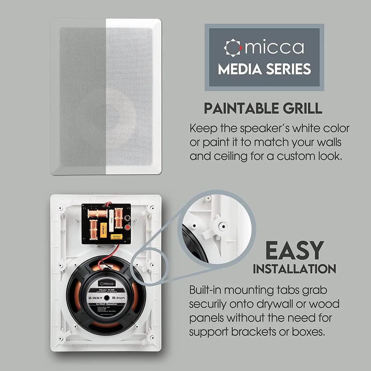 Alt view image 2 of 6 - Micca M-8S 2-Way in-Wall Speaker, 10.0"(W) by 14.1"(H) Cutout, Home Theater, Whole House Audio, Indoor or Covered Outdoor, 8" Woofer, 1" Tweeter, White, Paintable, Each