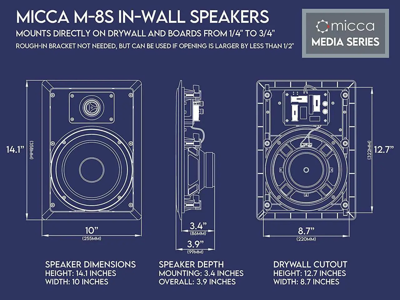 Alt view image 5 of 6 - Micca M-8S 2-Way in-Wall Speaker, 10.0"(W) by 14.1"(H) Cutout, Home Theater, Whole House Audio, Indoor or Covered Outdoor, 8" Woofer, 1" Tweeter, White, Paintable, Each