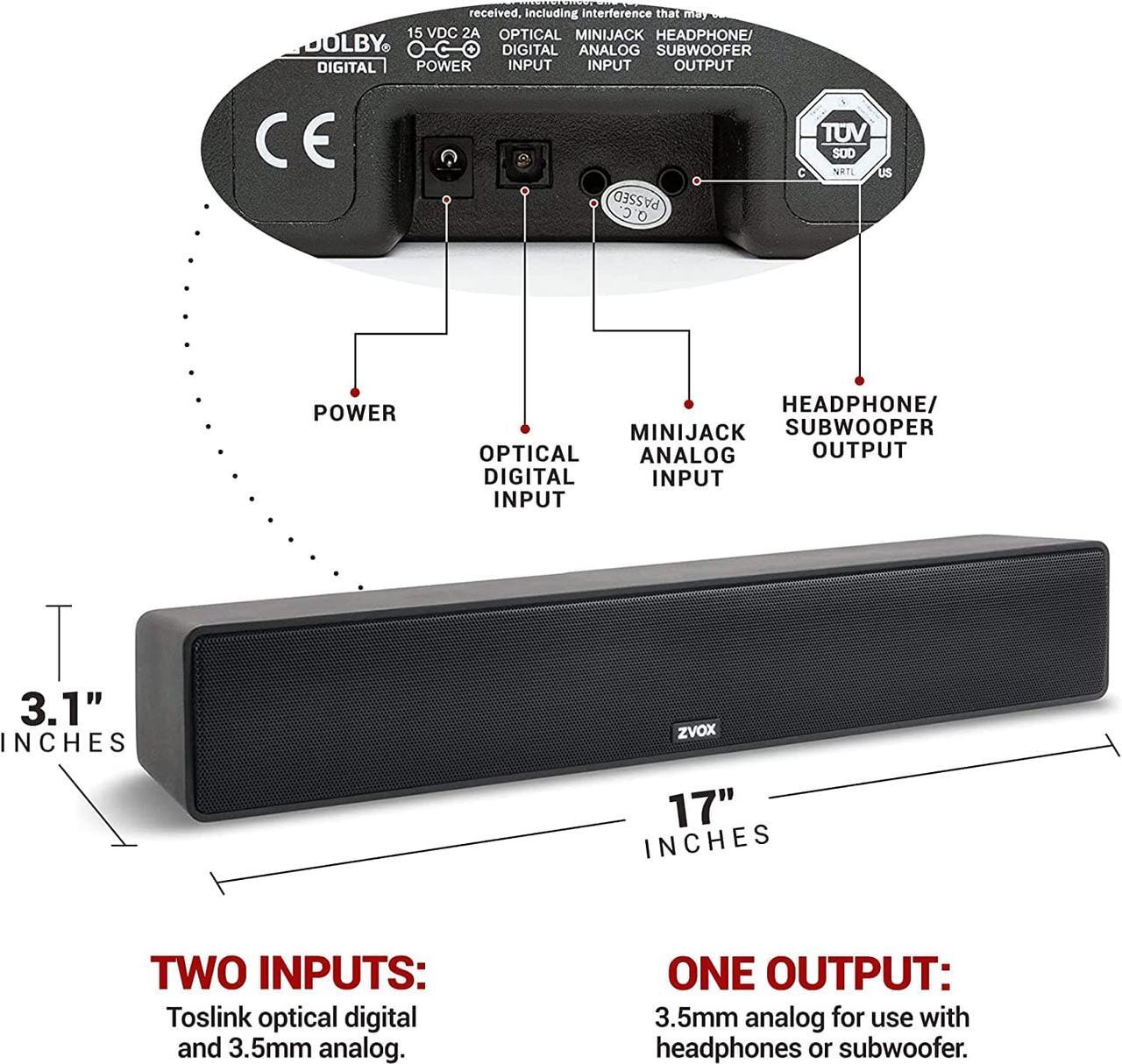 Alt view image 2 of 7 - ZVOX Dialogue Clarifying Sound Bar with Patented Hearing Technology - TV Sound Bar with Twelve Levels of Voice Boost - Home Theater Audio TV Speakers Soundbar - AccuVoice Soundbar for TV - AV157 Black