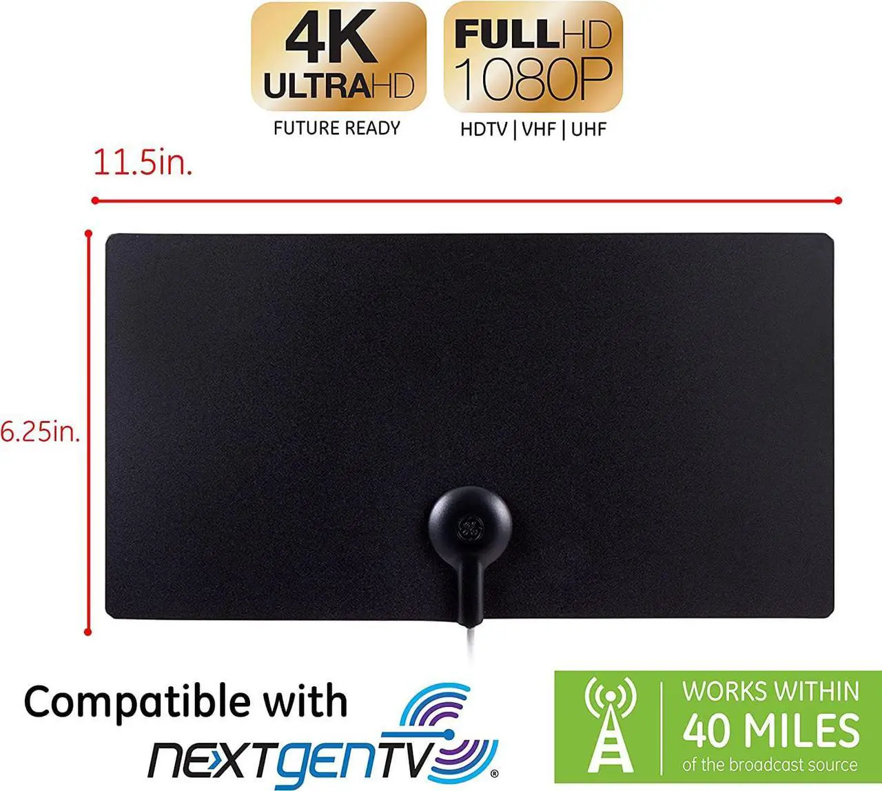Alt view image 3 of 7 - GE Ultra Edge Indoor HD Digital TV Antenna, Long Range Smart TV Antenna, Slim Décor Reversible Black White Design, Supports 4K HD Smart TV VHF UHF, 6ft Coax HDTV Cable, 11264, Welcome to consult
