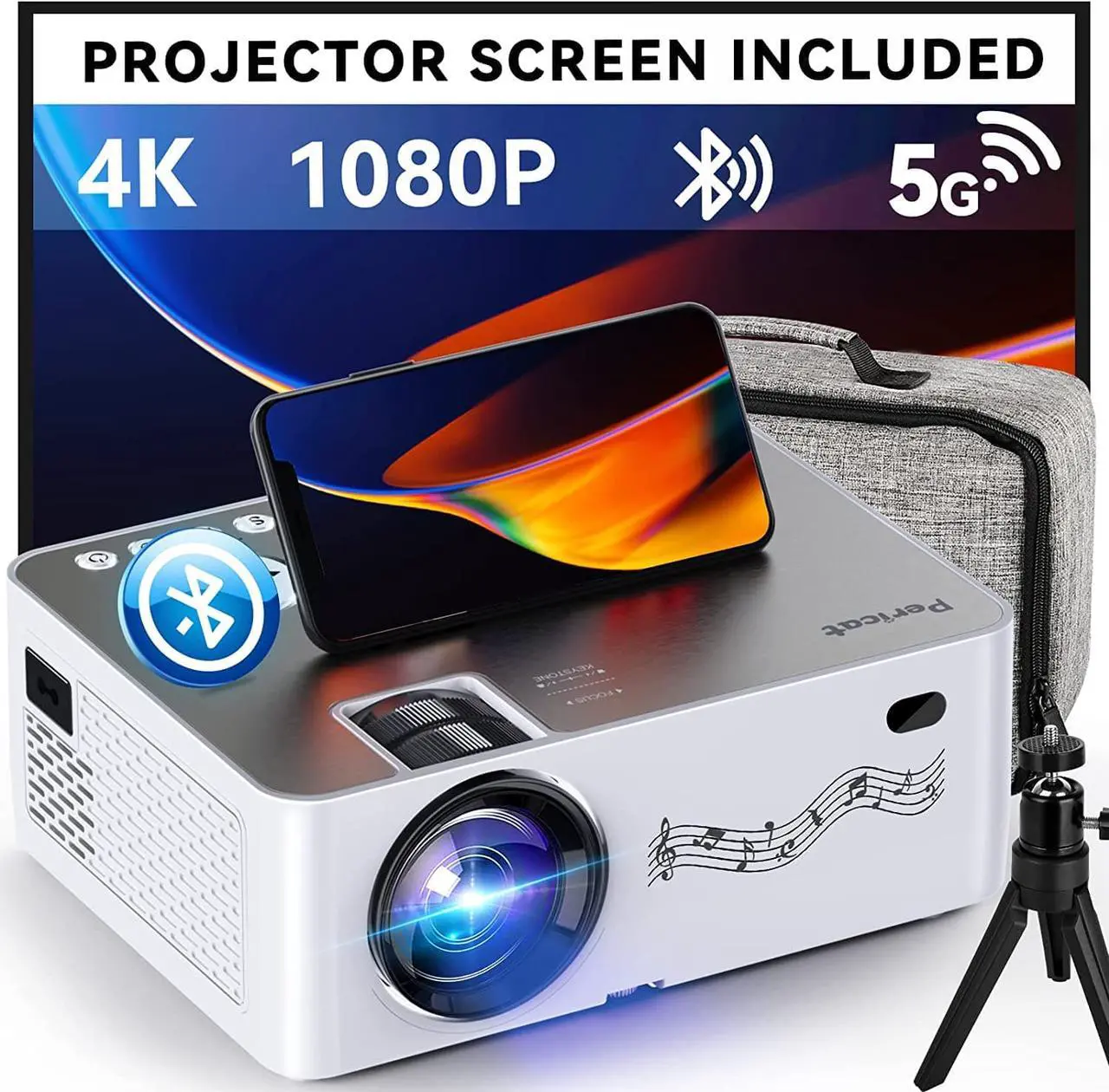 Main image of Projector with WiFi and Bluetooth, 5G WiFi, Native 1080P/16000L Video Projector with Screen, 4K Support Outdoor Projector, 350'' Display Phone Projector with Carry Bag for iPhone,TV Stick, Mac