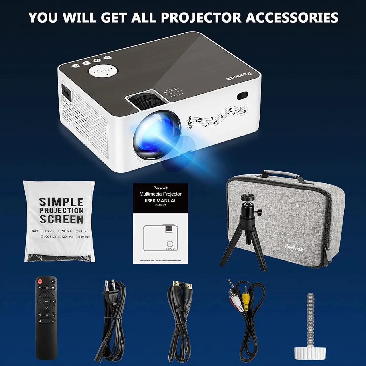 Alt view image 7 of 7 - Projector with WiFi and Bluetooth, 5G WiFi, Native 1080P/16000L Video Projector with Screen, 4K Support Outdoor Projector, 350'' Display Phone Projector with Carry Bag for iPhone,TV Stick, Mac