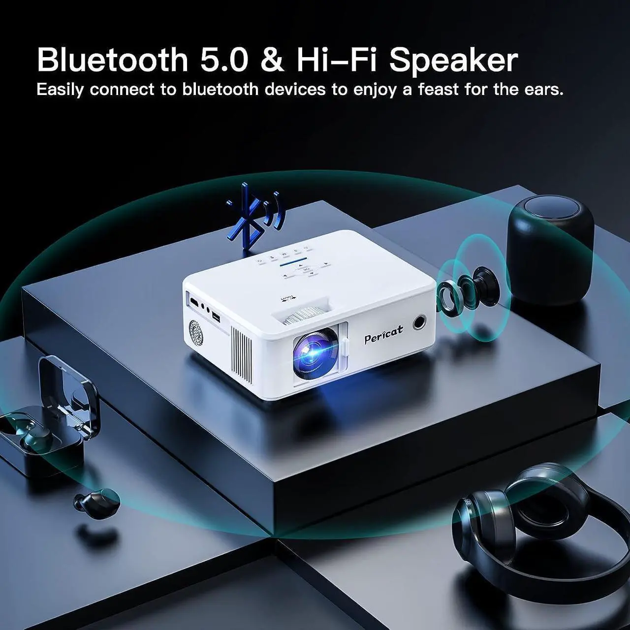 Alt view image 5 of 7 - Projector with WiFi and Bluetooth, 5G WiFi Native 1080P Movie Projector, 9800L 4K Supported Portable Outdoor Projector, Pericat Home Theater Projector Compatible with TV Stick, Phone, Laptop