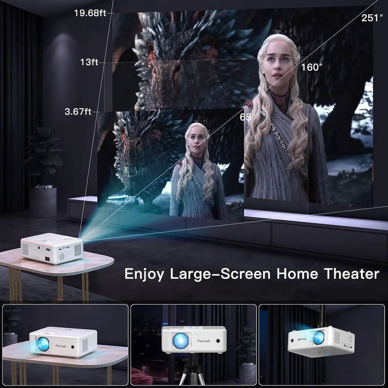 Alt view image 6 of 7 - Projector with WiFi and Bluetooth, 5G WiFi Native 1080P Movie Projector, 9800L 4K Supported Portable Outdoor Projector, Pericat Home Theater Projector Compatible with TV Stick, Phone, Laptop
