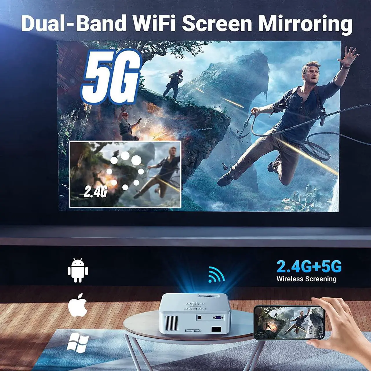 Alt view image 4 of 7 - Projector with WiFi and Bluetooth, 5G WiFi Native 1080P Movie Projector, 9800L 4K Supported Portable Outdoor Projector, Pericat Home Theater Projector Compatible with TV Stick, Phone, Laptop