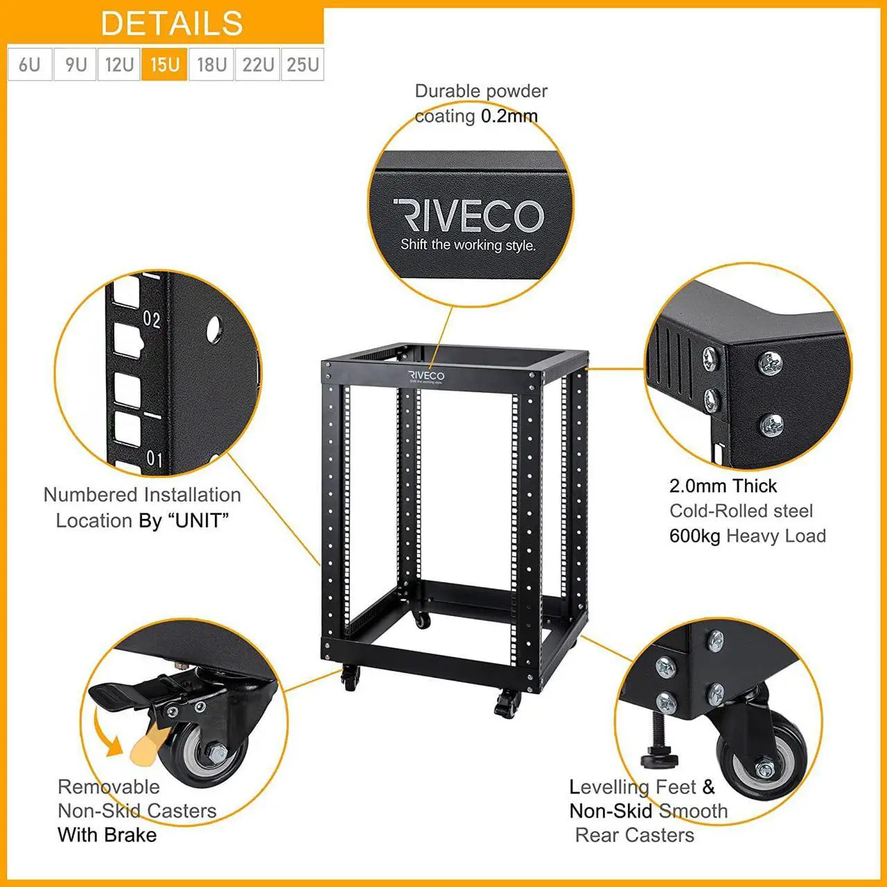 Alt view image 4 of 6 - RIVECO 15U Server Rack Floor Standing Open Frame with Wheels- 19-inch 4 Post Quick Assembly AV Rack Network Heavy Duty Durable Black