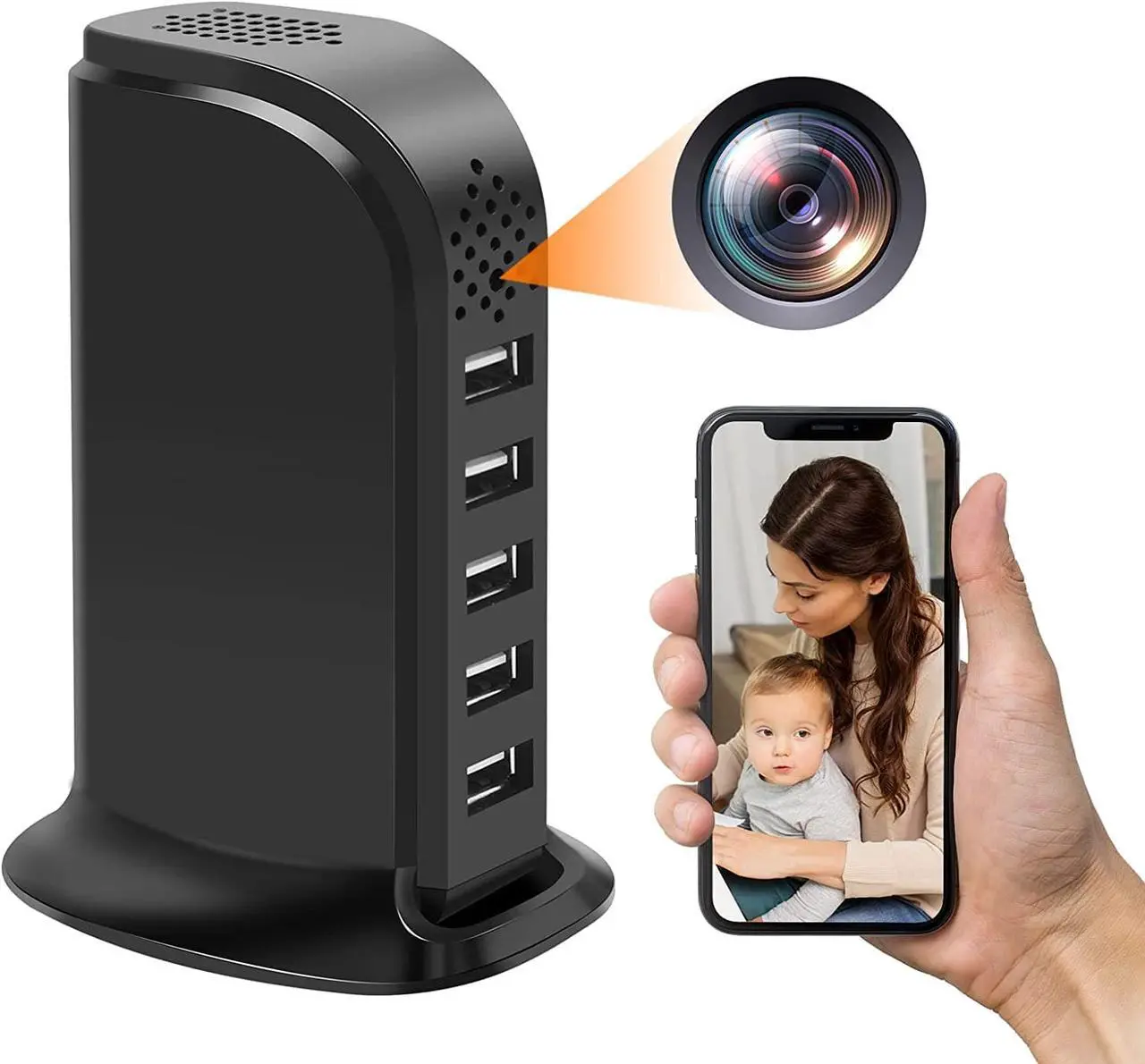 Main image of Hidden Camera WiFi Charger Wireless Spy Camera HD 1080P 5 Port USB Small Body Cam Loop Video Picture Recorder with Motion Detection for Family Home Office Company Surveillance Black